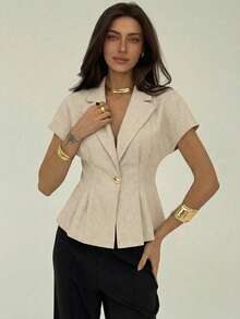 Aloruh Áo blazer nữ tay ngắn, dáng suông, chất liệu linen màu mơ, thích hợp cho công sở/thường ngày, mùa hè, lễ tốt nghiệp, trang phục giáo viên, tựu trường mùa thu/đông. - Màu Khaki - Xem 7