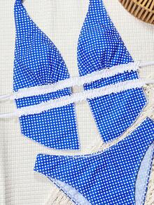 Bonvoyette-D Blue & White Plaid Random Print Frill Halter Tie Back Casual Cute Beach Tankini Swimwear For Women, Spring/Summer - Blue and White - View 3