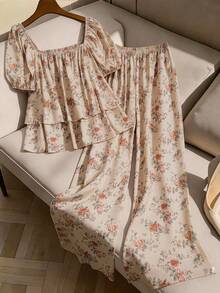 GlowEve CURVE 大码女式柔美碎花方领泡泡袖荷叶边袖口上衣+松紧腰阔腿裤套装，休闲通勤日常度假两件套，夏季新款 - 彩色 - 查看 2