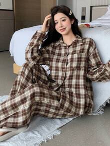 DAZY 2pcs Women Plaid Pajama Set, Loose Fit Shirt And Pants, Suitable For Autumn/Winter And Christmas - Coffee Brown - View 6