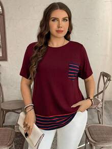 SHEIN LUNE Kaos Lengan Pendek Kasual Kerah Bulat dengan Saku Tempel Motif Garis Ukuran Besar - Burgundy - View 5