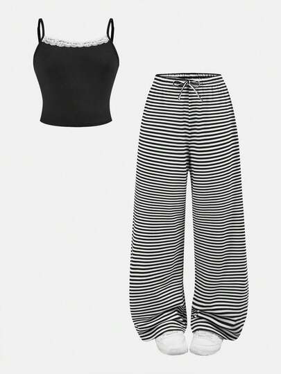 SHEIN Girlism Tween Girls Casual Homewear Set med spetskant och randiga stickade byxor