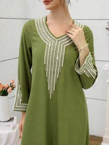 Al Najma Bata suelta bordada con cuentas para mujeres para Eid - Verde militar - Ver 7