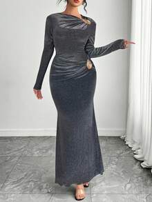 Elenzga Plus Size Women Elegant Sexy Mermaid Long Sleeve Dress, Spring/Summer - Black - View 3