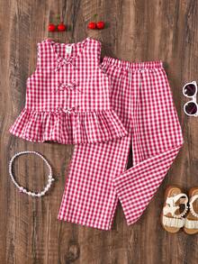 Emery Rose Kids Emery Rose Kids 两件套少女格子圆领修身休闲上衣和宽松休闲裤套装 - 玫紅色 - 查看 4