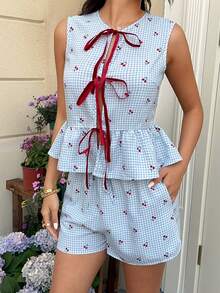 MainGRL Áo kiểu không tay dệt kim phối màu tương phản sọc xanh và họa tiết quả anh đào, thắt nơ phía trước, thích hợp cho nữ mùa hè, đi biển, đi nghỉ mát. - Màu xanh lam - Xem 3