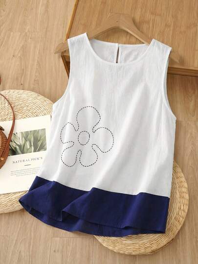 EMERY ROSE Camiseta de tirantes holgada de mujer con cuello redondo, estampado floral y color contrastante