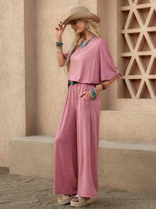 Wildy BOHO American Casual Western Country Retro Women Spring/Summer Basic Outfit Casual Wear Commute Pocket Short Sleeve T-Shirt And Pants 2 Pieces Set - Dusty Pink - View 6