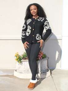 Steph T Women's Elegant Retro Jacquard Rose Knitted Cardigan - Black - View 4