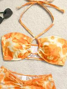 Soleia Women's Floral Print Halter Neck Bikini Set With Sarong Skirt - Orange - View 3