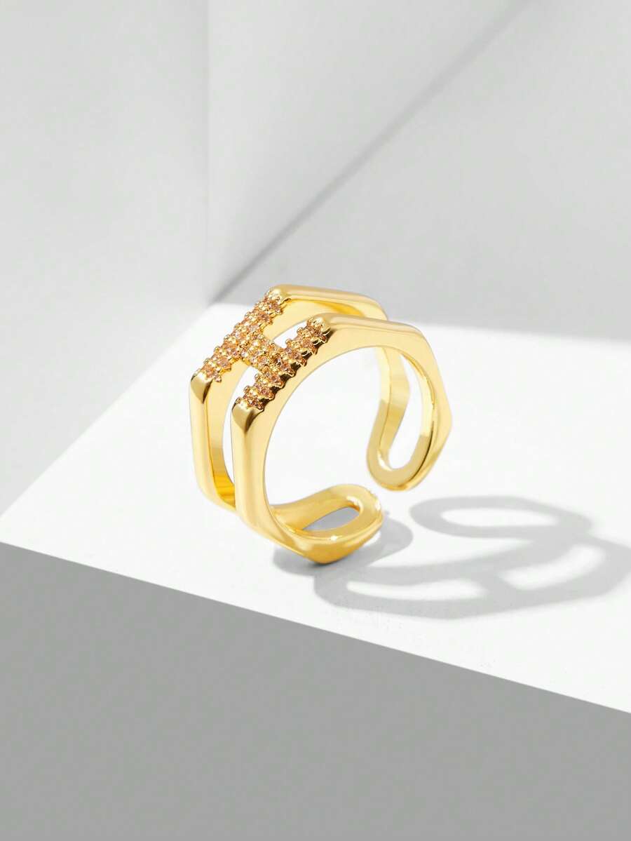 MOTF PREMIUM PRE18K GOLD PLATED RHOMBUS DOUBLE LAYER SIMPLE WHITE DIAMOND RING - White - View 1