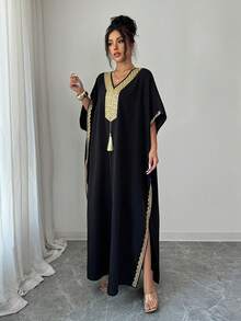 Elenzga 女士V领荷叶边宽松休闲连衣裙 - 黑色 - 查看 7