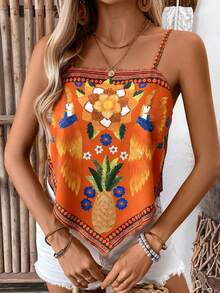 Selianne Camiseta sin tirantes casual y holgada con estampado floral y de plantas para mujer - Multicolor - Ver 3