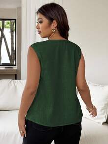 Vionelle Áo tank top nữ cỡ lớn thanh lịch, sang trọng, nhẹ nhàng, thoải mái, thích hợp cho kỳ nghỉ, đi làm, màu trơn, chất liệu vải lanh, cổ chữ V, dây mảnh, đính kim loại, phù hợp cho mùa xuân/hè. - Màu xanh lá cây đậm - Xem 2