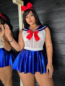 Fantasy Costume Plus Size Shiny Reflective Slimming Contrast Color Big Bow Clubwear Costume For Bars, Parties, Clubs - Blue and White - View 4