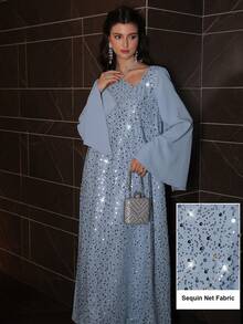 Al Najma Cross-Tied Pearl Embroidered Mesh Patchwork Long Sleeve Maxi Dress, Turkish & Arabic Traditional Style - Blue - View 8