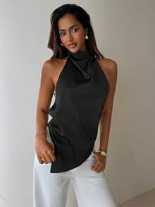 Aloruh 棕色露背优雅上衣，适合派对、通勤和度假穿着。 - 黑色 - 查看 3