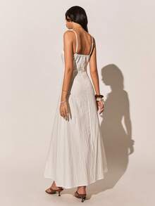 Poéselle White 100% Cotton Maxi Dress, Spaghetti Strap Cutout Summer Sundress, Casual Long Beach Holiday Outfit For Women,French Retro V-Neck Spaghetti Strap Dress,Summer,French-Style Dress,2026 New Arrival - White - View 4