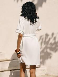 Poéselle 女士度假风拼接碎花休闲单排扣连衣裙 - 白色 - 查看 2