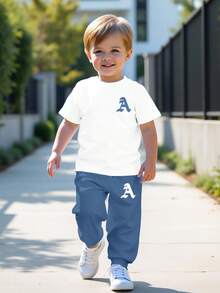 Baby Boys Casual Minimalist Round Neck Short Sleeve Pants Set, Classic Cool Stylish Simple Letter A Print - Multicolor - View 2
