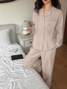 DAZY 2pcs Solid Color Loose Cardigan Long Sleeve Top And Straight Leg Long Pants Pajama Set, Spring Women - Khaki - View 5