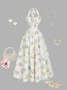 SHEIN MOD Đầm dài nữ in hoa, cổ buộc dây, eo thắt thanh lịch, thích hợp cho các bữa tiệc và dịp lễ. - Nhiều màu - Xem 4