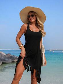 Swim Lushoire 女士夏季沙滩纯色无袖露背流苏扎染度假连衣裙 - 黑色 - 查看 4