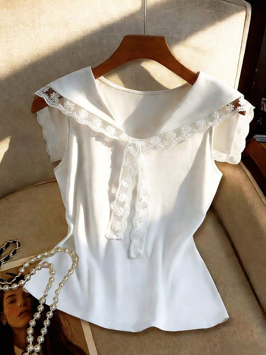 GlowEve Women's Lace Trim Bow Tie White T-Shirt Top - White - View 1