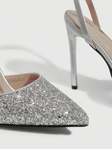 CUCCOO SZL Women Shoes Pointed Thin High Heel Silver Glitter Ankle Strap Slingback Women's Shoes Simple Elegant Fashion Sexy Party Banquet Nightclub Women's High Heel Shoes Women's Shoes - Greet Silver 2 - View 6