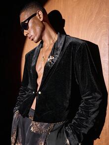 AKNOTIC Business Casual Men's Woven Casual Loose Fit Long Sleeve Cropped Suit Jacket - Black - View 3