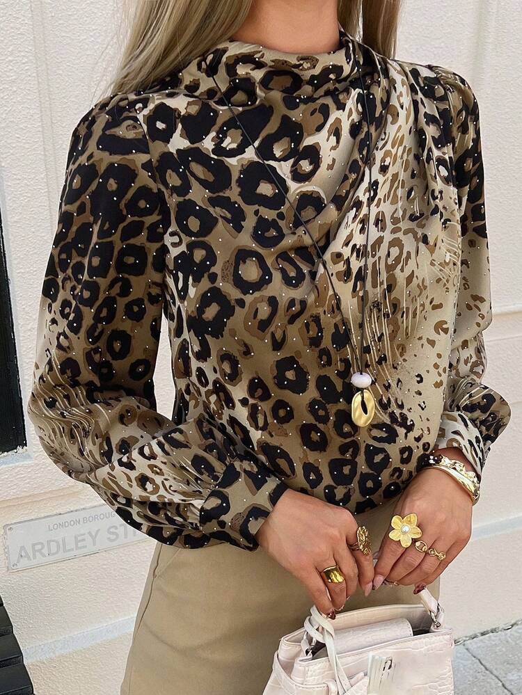 Women's Elegant Leopard Print Stand Collar Long Sleeve Pullover Shirt