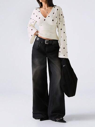 LYSMO 2026 New Arrive Minimalism Spring/Summer Women's Casual Commuter Polka Dot Print Flare Sleeve Top