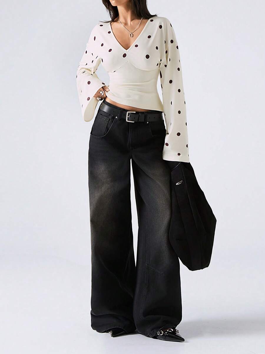 LYSMO 女士休闲通勤波点印花喇叭袖上衣 - 淡黃色 - 查看 1