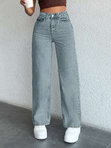 EURMUSE Loose Straight WIDE LEG HIGH WAIST LIGHT WASH Jeans - Baby Blue - View 1