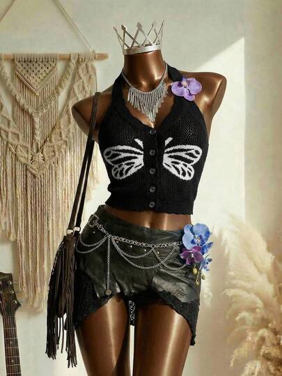 Elin Vora Women's Pullover Sweater With Hollow-Out, Partial Jacquard Butterfly Pattern, Elegant And Sexy For Beach Resort, Button-Up Knit Top, Suitable For Summer And Spring, Black