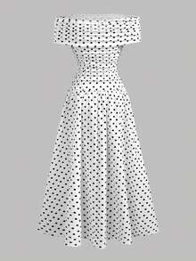 Girlism 少女黑白波点露肩褶皱连衣裙，复古优雅派对礼服，节日长裙 - 白色 - 查看 2
