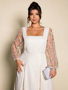 Cravure 加大码花卉刺绣方领灯笼袖连衣裙 - 杏色 - 查看 5