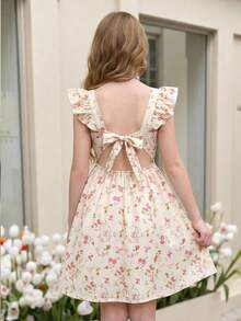 SHEIN Vestido informal para niña preadolescente con cuello cuadrado, volantes en el bajo y estampado floral diminuto - Amarillo - Ver 4