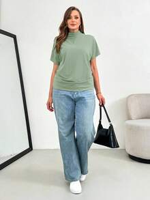 SHEIN Essnce Áo thun ngắn tay dáng rộng thoải mái, ôm dáng đơn giản dành cho nữ cỡ lớn, thích hợp mặc đi nhà thờ và công sở, thời trang mùa xuân hè. - Màu xanh Bạc hà - Xem 4