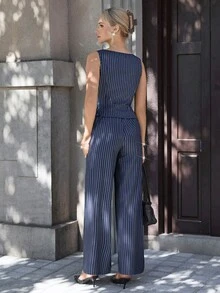 Opuloom Women's Striped Woven One-Shoulder Wrap Shirt With Ruched Side Tie Bow And Asymmetric Hem, Paired With Straight Leg Pants, Business/Office/Casual Wear, Spring/Summer - Multicolor - View 2