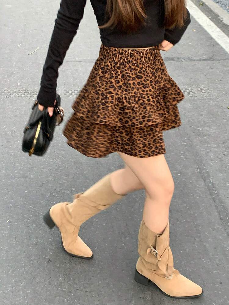 Women's Vintage Leopard Print Layered Cake Mini Skirt