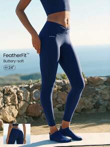 GLOWMODE 24" FeatherFit™ City Steps Buttery-Soft Sweat-Wicking Adjustable Drawstring Waist Peekbum Design No Front Seam Leggings Low Impact Yoga Studio Daily Active Wear - Dark Blue - View 10