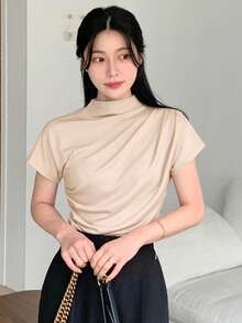 DAZY Women's Mock Neck Ruched Short Sleeve Fitted Elegant T-Shirt - Apricot - View 3