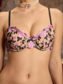 2pcs Black Background Pink Rose 3D Embroidery Lingerie Set - Black and Pink - View 5