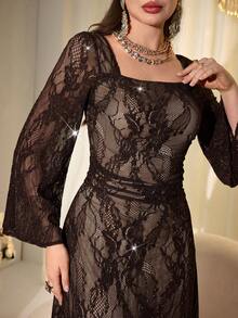 Modelyn French Square Collar Lace Rhinestone Embellished Fitted Long Sleeve Elegant Midi Dress For Women - Brown - View 9
