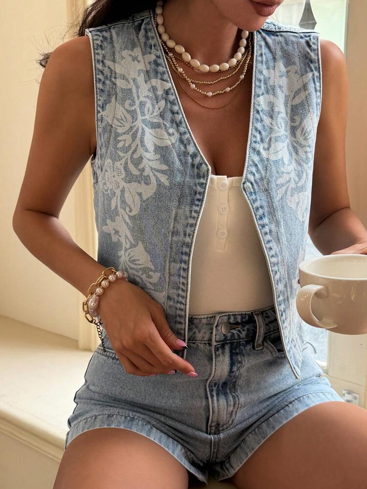 Women's Denim Effect Vest & Shorts Set