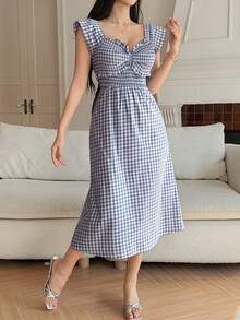 DAZY 女士优雅印花短袖中长连衣裙，夏季 - 藍色 - 查看 3