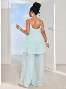 Maweii Plus Size Solid Color Spaghetti Strap Ruffle Hem Asymmetrical Hem Casual Summer 2 Pieces Set - Mint Green - View 6