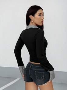 StreetHx 街头风女式撞色拼接针织长袖衬衫 - 灰色 - 查看 2