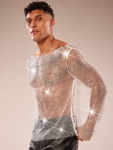 FeverCity Men's Boat Neck Long Sleeve Shiny Mesh T-Shirt - Silver - View 6